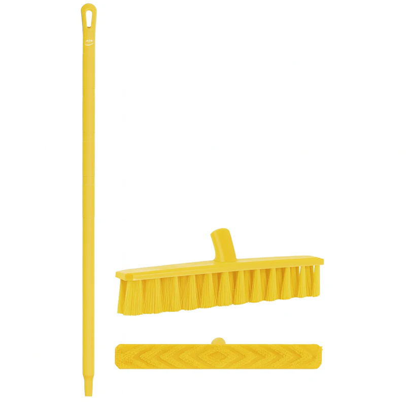 15.7" Yellow Polypropylene Vikan® UST Push Broom with Soft Bristles & 66.9" Yellow Ultra Hygienic Handle