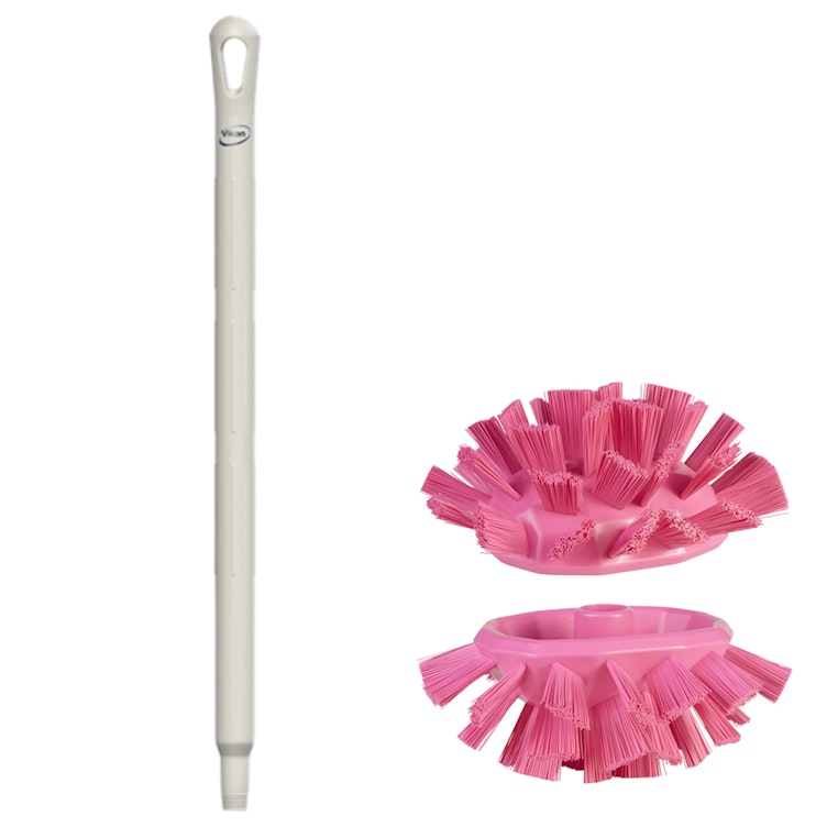 Pink Polypropylene Vikan® UST Tank Brush with Stiff Bristles & 25.6" White Ultra Hygienic Handle