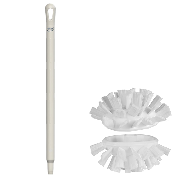 White Polypropylene Vikan® UST Tank Brush with Stiff Bristles & 25.6" White Ultra Hygienic Handle