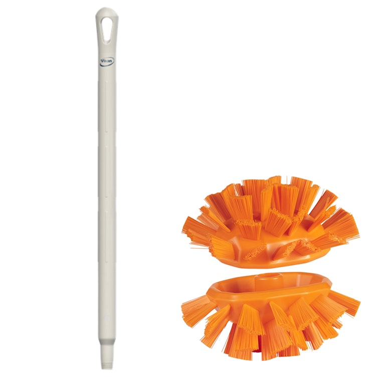Orange Polypropylene Vikan® UST Tank Brush with Stiff Bristles & 25.6" White Ultra Hygienic Handle