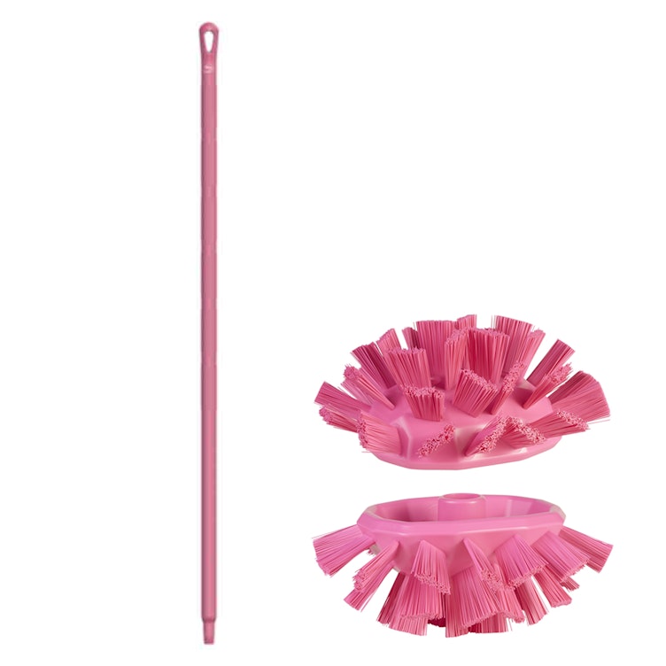 Pink Polypropylene Vikan® UST Tank Brush with Stiff Bristles & 51.2" Pink Ultra Hygienic Handle