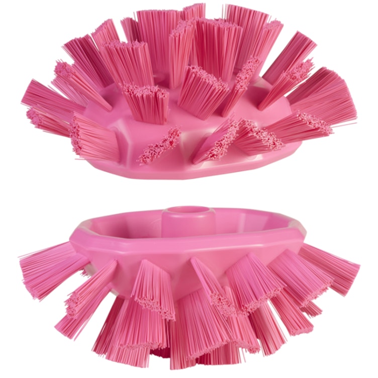 Pink Polypropylene Vikan® UST Tank Brush with Stiff Bristles & 66.9" White Ultra Hygienic Handle