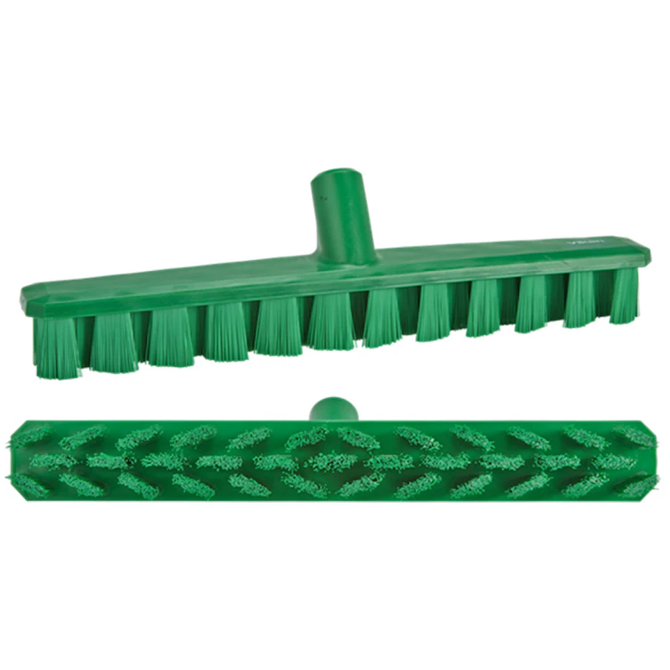 15.7" Green Polypropylene Vikan® UST Deck Scrub Brush with Stiff Bristles & 25.6" Green Ultra Hygienic Handle