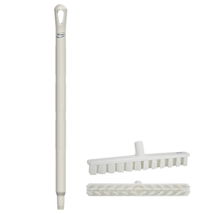 15.7" White Polypropylene Vikan® UST Deck Scrub Brush with Stiff Bristles & 25.6" White Ultra Hygienic Handle