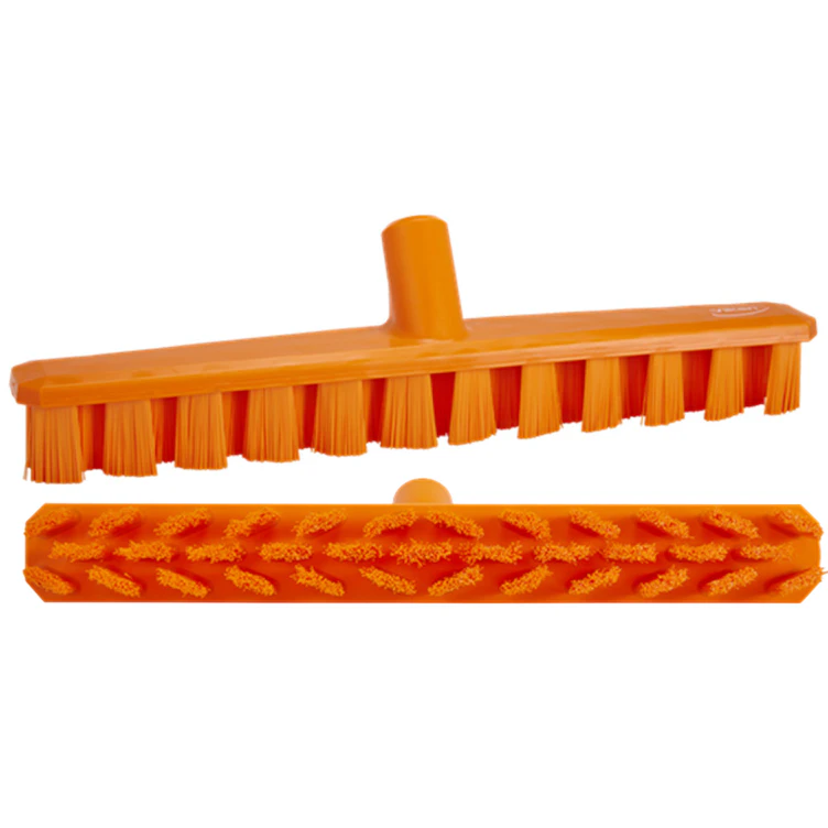15.7" Orange Polypropylene Vikan® UST Deck Scrub Brush with Stiff Bristles & 25.6" White Ultra Hygienic Handle