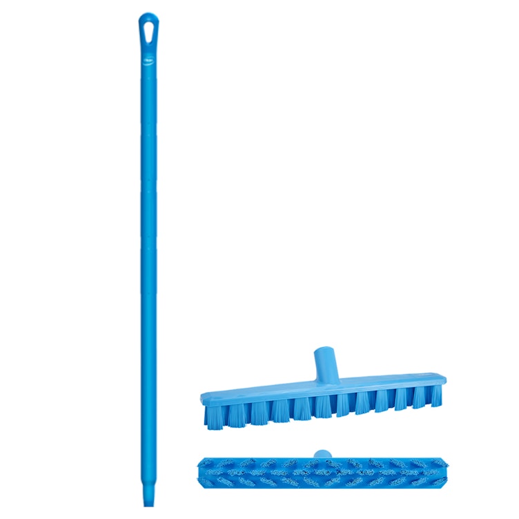 15.7" Blue Polypropylene Vikan® UST Deck Scrub Brush with Stiff Bristles & 39.4" Blue Ultra Hygienic Handle