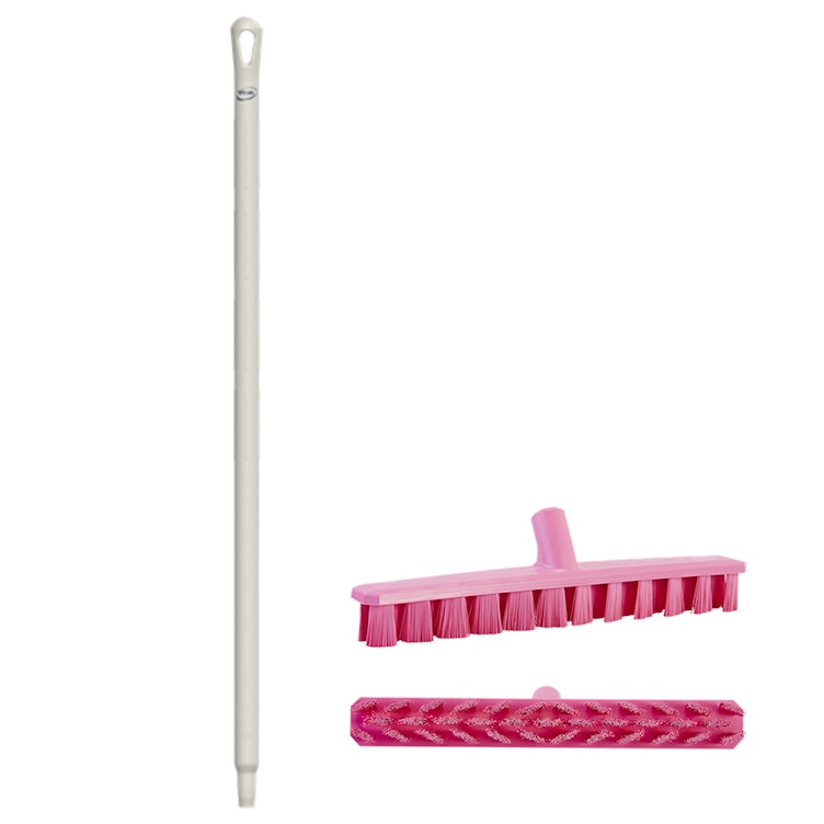 15.7" Pink Polypropylene Vikan® UST Deck Scrub Brush with Stiff Bristles & 39.4" White Ultra Hygienic Handle