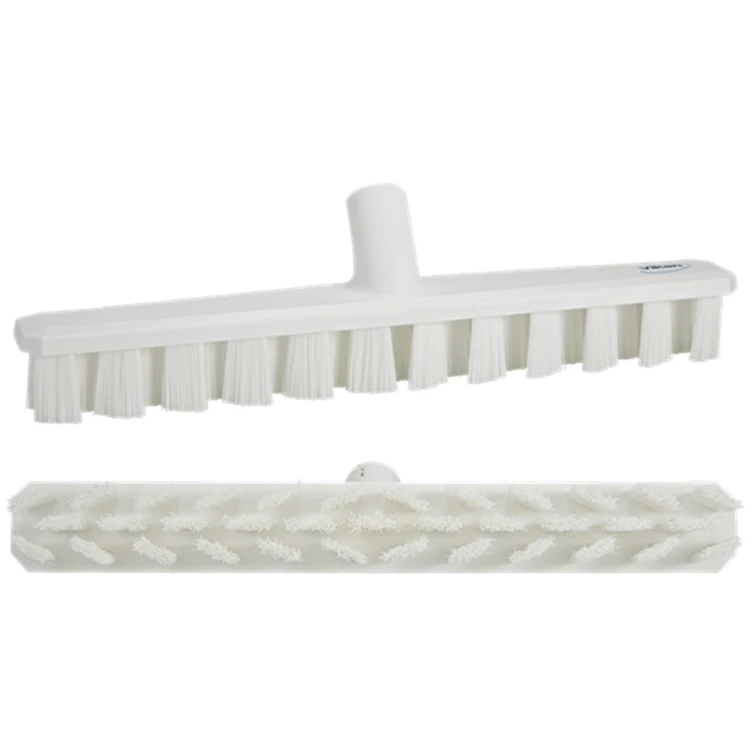 15.7" White Polypropylene Vikan® UST Deck Scrub Brush with Stiff Bristles & 39.4" White Ultra Hygienic Handle