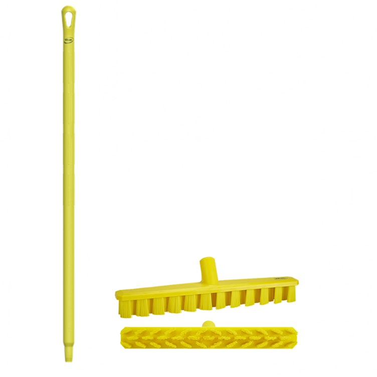 15.7" Yellow Polypropylene Vikan® UST Deck Scrub Brush with Stiff Bristles & 39.4" Yellow Ultra Hygienic Handle