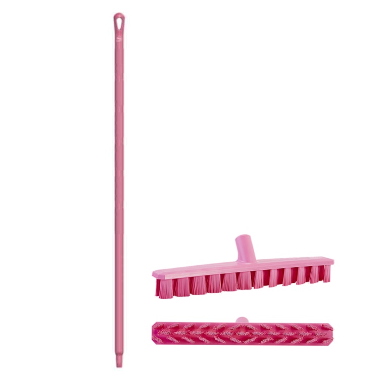 15.7" Pink Polypropylene Vikan® UST Deck Scrub Brush with Stiff Bristles & 51.2" Pink Ultra Hygienic Handle