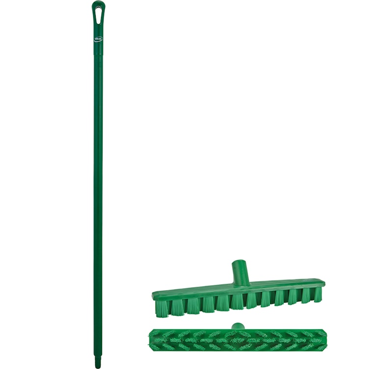 15.7" Green Polypropylene Vikan® UST Deck Scrub Brush with Stiff Bristles & 51.2" Green Ultra Hygienic Handle