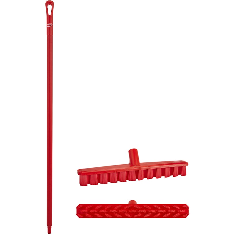 15.7" Red Polypropylene Vikan® UST Deck Scrub Brush with Stiff Bristles & 59.1" Red Ultra Hygienic Handle