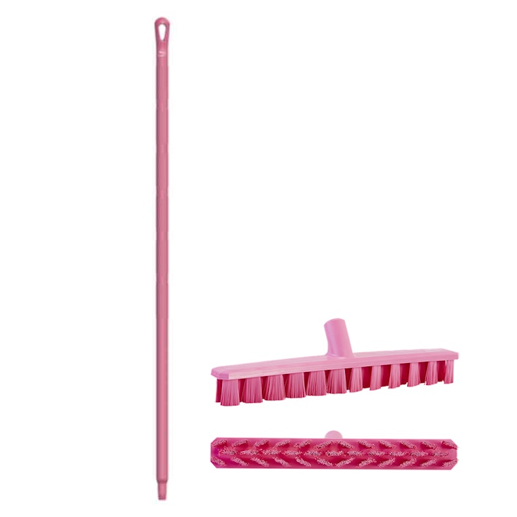 15.7" Pink Polypropylene Vikan® UST Deck Scrub Brush with Stiff Bristles & 59.1" Pink Ultra Hygienic Handle