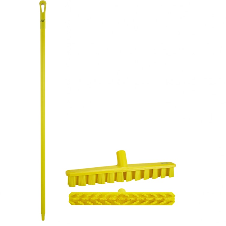 15.7" Yellow Polypropylene Vikan® UST Deck Scrub Brush with Stiff Bristles & 59.1" Yellow Ultra Hygienic Handle