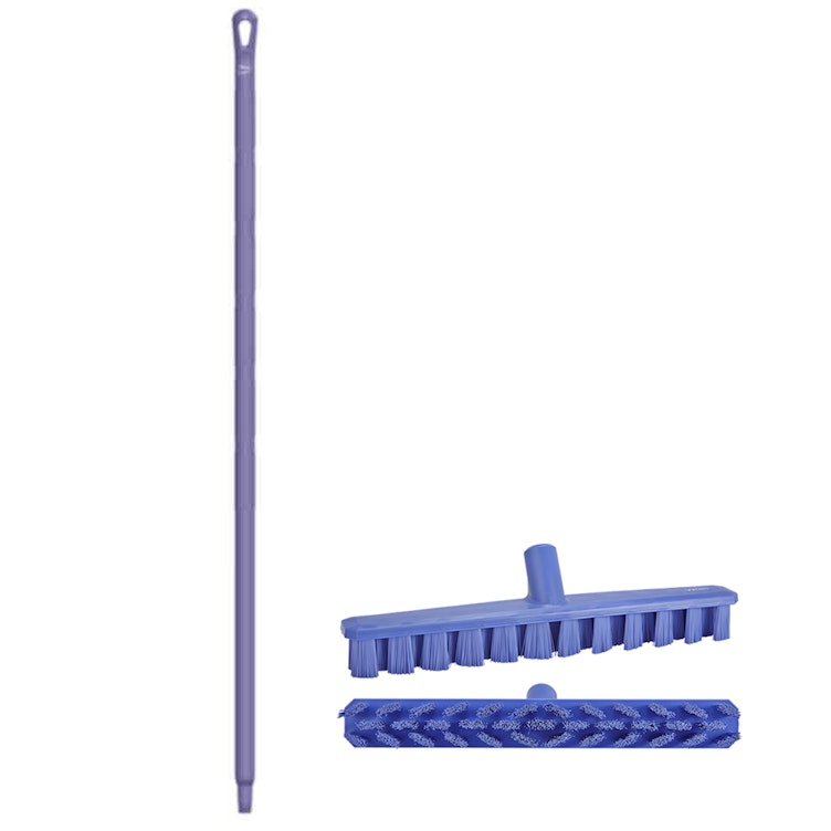 15.7" Purple Polypropylene Vikan® UST Deck Scrub Brush with Stiff Bristles & 59.1" Purple Ultra Hygienic Handle