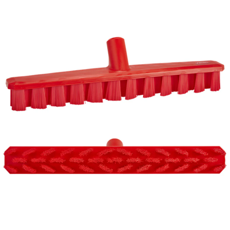 15.7" Red Polypropylene Vikan® UST Deck Scrub Brush with Stiff Bristles & 66.9" Red Ultra Hygienic Handle