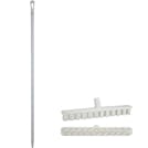 15.7" White Polypropylene Vikan® UST Deck Scrub Brush with Stiff Bristles & 66.9" White Ultra Hygienic Handle