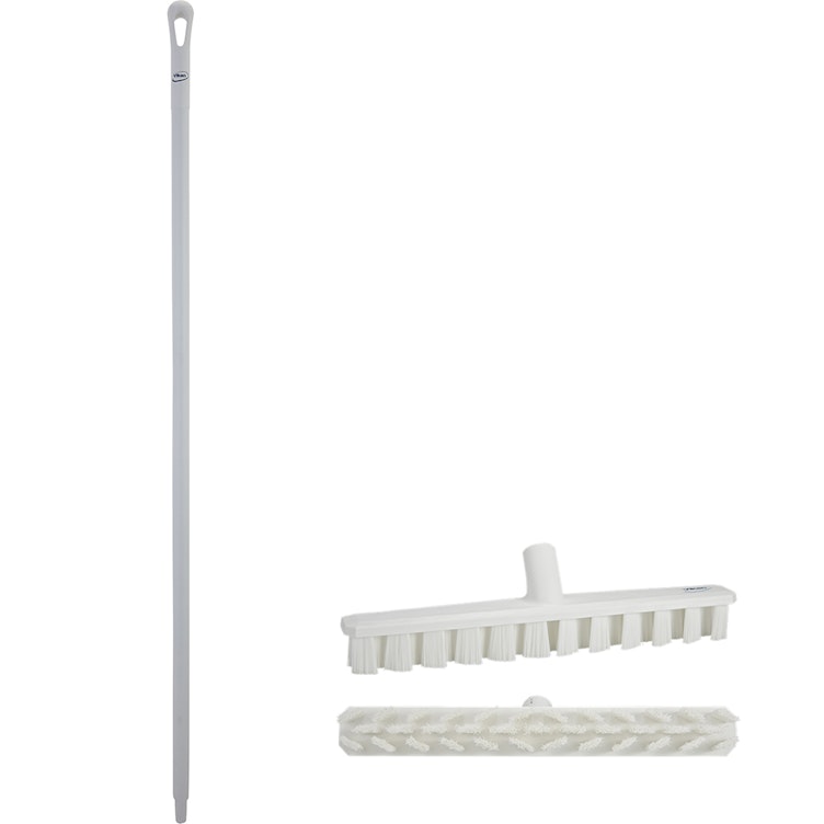 15.7" White Polypropylene Vikan® UST Deck Scrub Brush with Stiff Bristles & 66.9" White Ultra Hygienic Handle