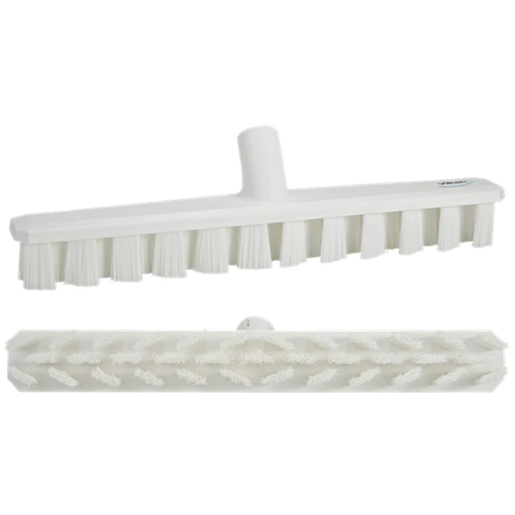 15.7" White Polypropylene Vikan® UST Deck Scrub Brush with Stiff Bristles & 66.9" White Ultra Hygienic Handle