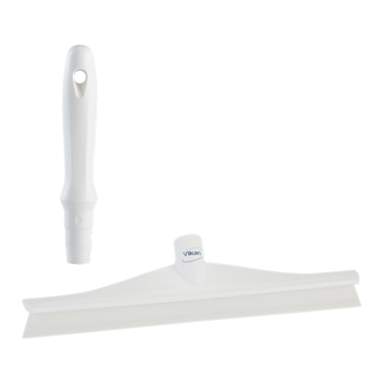 15.7" White Polypropylene Vikan® Ultra Hygiene Squeegee with Single TPE Rubber Blade & 6.3" White Mini Handle