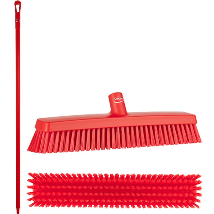 16.5" Red Polypropylene Vikan® Heavy-Duty Push Broom with Soft & Stiff Bristles & 59" Red Ultra Hygienic Handle