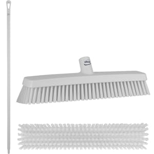 16.5" White Polypropylene Vikan® Heavy-Duty Push Broom with Soft & Stiff Bristles & 59" White Ultra Hygienic Handle