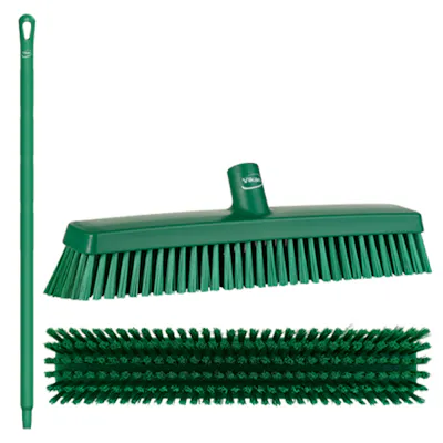 16.5" Green Polypropylene Vikan® Heavy-Duty Push Broom with Soft & Stiff Bristles & 39.4" Green Ultra Hygienic Handle