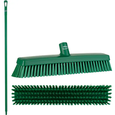 16.5" Green Polypropylene Vikan® Heavy-Duty Push Broom with Soft & Stiff Bristles & 59.1" Green Ultra Hygienic Handle