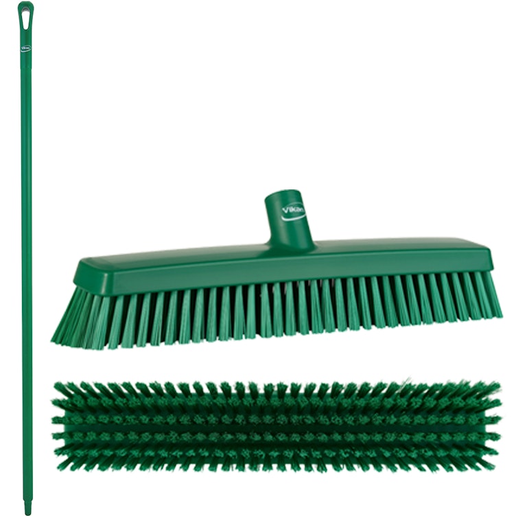16.5" Green Polypropylene Vikan® Heavy-Duty Push Broom with Soft & Stiff Bristles & 59" Green Ultra Hygienic Handle