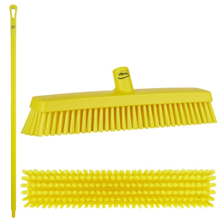 16.5" Yellow Polypropylene Vikan® Heavy-Duty Push Broom with Soft & Stiff Bristles & 51" Yellow Ultra Hygienic Handle