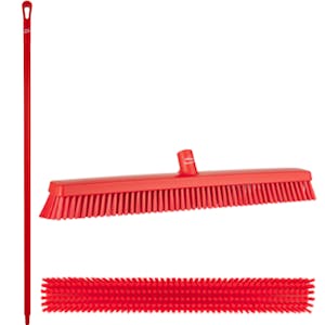 24.4" Red Polypropylene Vikan® Heavy-Duty Push Broom with Soft & Stiff Bristles & 59" Red Ultra Hygienic Handle