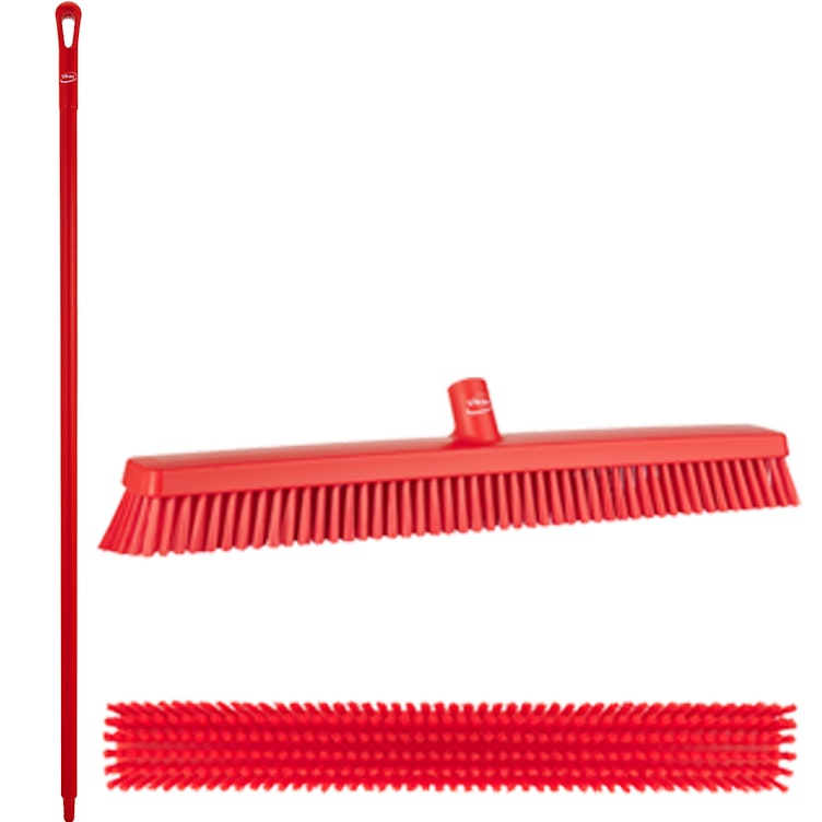 24.4" Red Polypropylene Vikan® Heavy-Duty Push Broom with Soft & Stiff Bristles & 59" Red Ultra Hygienic Handle