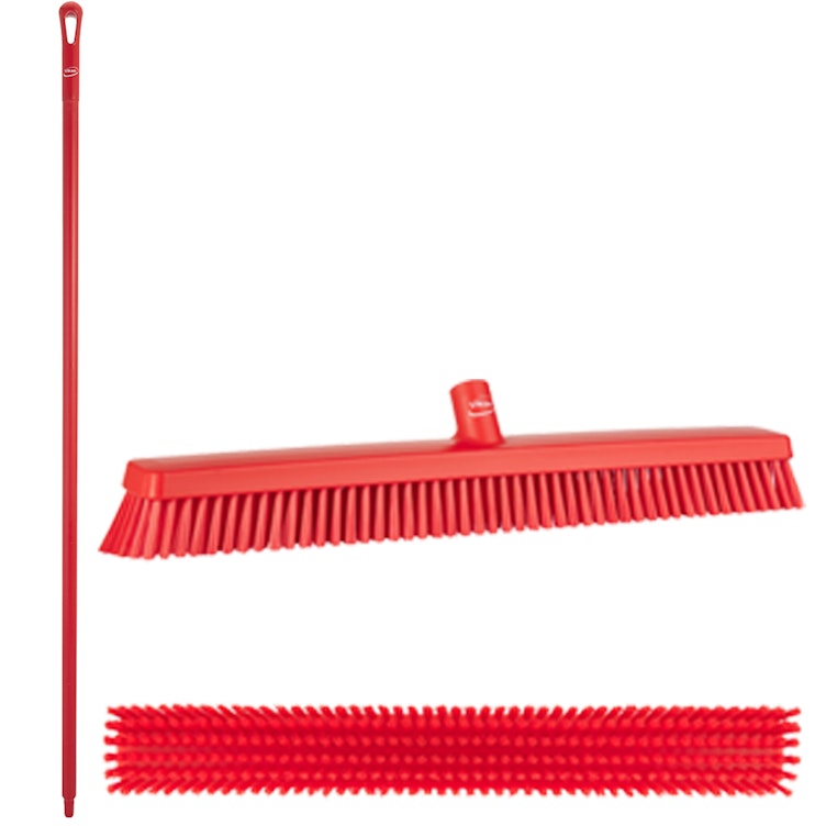 24.4" Red Polypropylene Vikan® Heavy-Duty Push Broom with Soft & Stiff Bristles & 67" Red Ultra Hygienic Handle