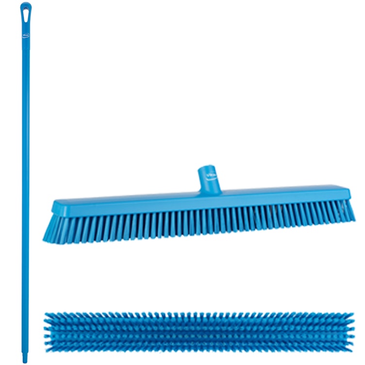 24.4" Blue Polypropylene Vikan® Heavy-Duty Push Broom with Soft & Stiff Bristles & 59" Blue Ultra Hygienic Handle