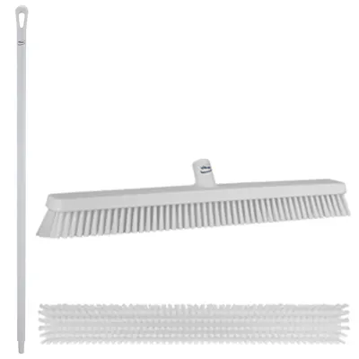 24.4" White Polypropylene Vikan® Heavy-Duty Push Broom with Soft & Stiff Bristles & 51.2" White Ultra Hygienic Handle