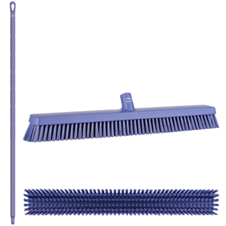 24.4" Purple Polypropylene Vikan® Heavy-Duty Push Broom with Soft & Stiff Bristles & 59" Purple Ultra Hygienic Handle