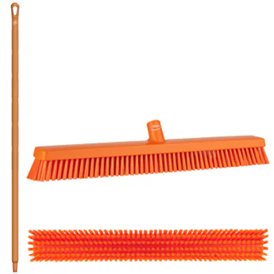 24.4" Orange Polypropylene Vikan® Heavy-Duty Push Broom with Soft & Stiff Bristles & 51.2" Orange Ultra Hygienic Handle