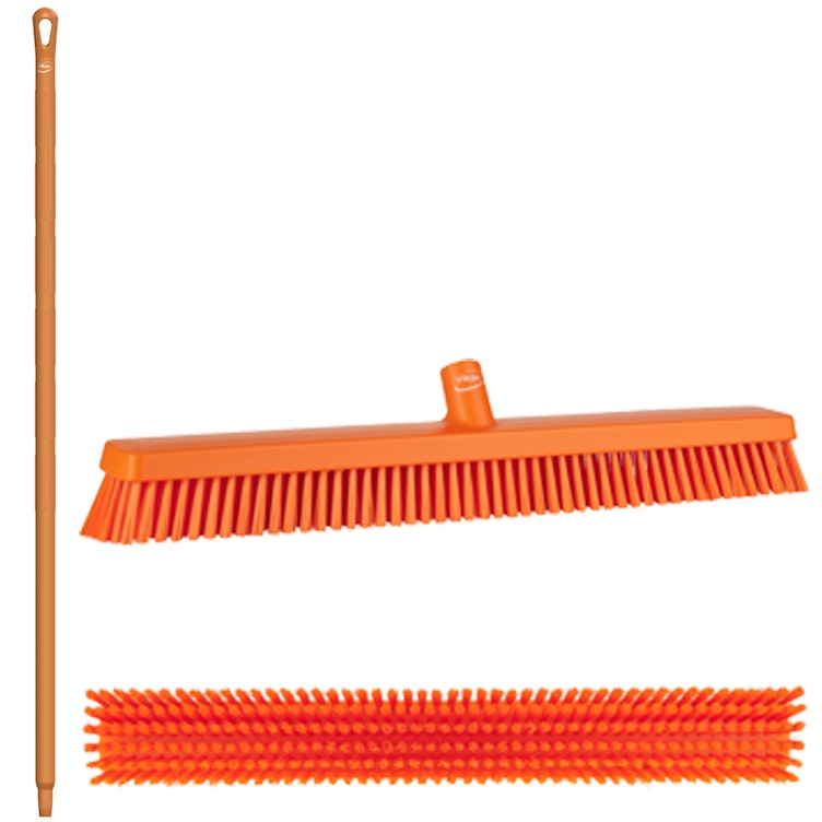 24.4" Orange Polypropylene Vikan® Heavy-Duty Push Broom with Soft & Stiff Bristles & 51" Orange Ultra Hygienic Handle