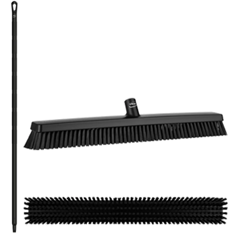 24.4" Black Polypropylene Vikan® Heavy-Duty Push Broom with Soft & Stiff Bristles & 59.1" Black Ultra Hygienic Handle