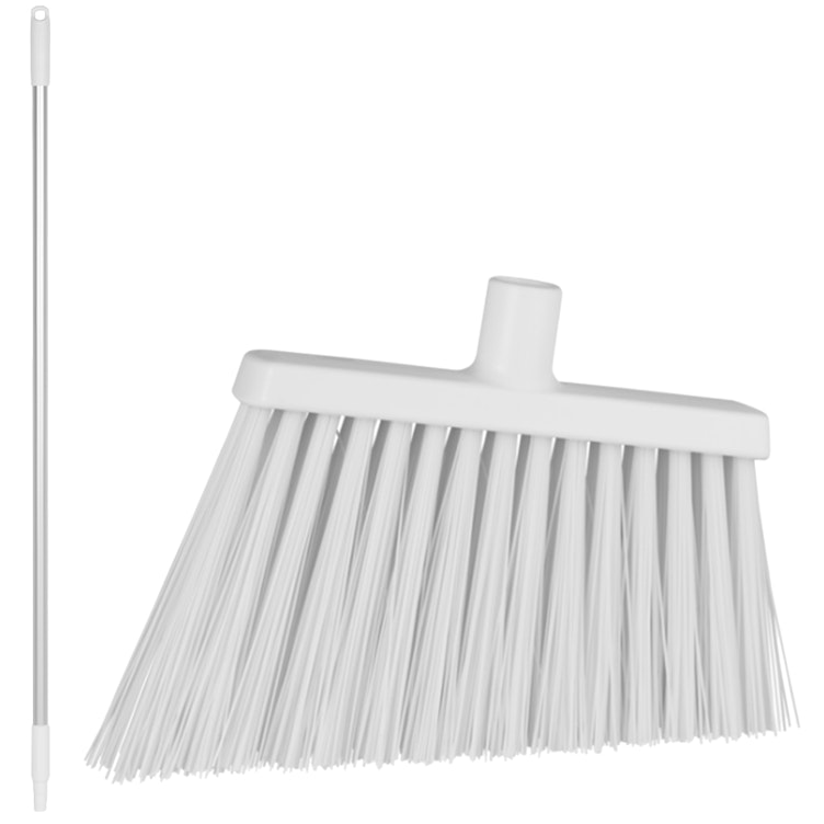 11.4" White Polypropylene Vikan® Angle Cut Broom with Stiff Bristles & 49.6" Aluminum Handle with White Tip & Cap