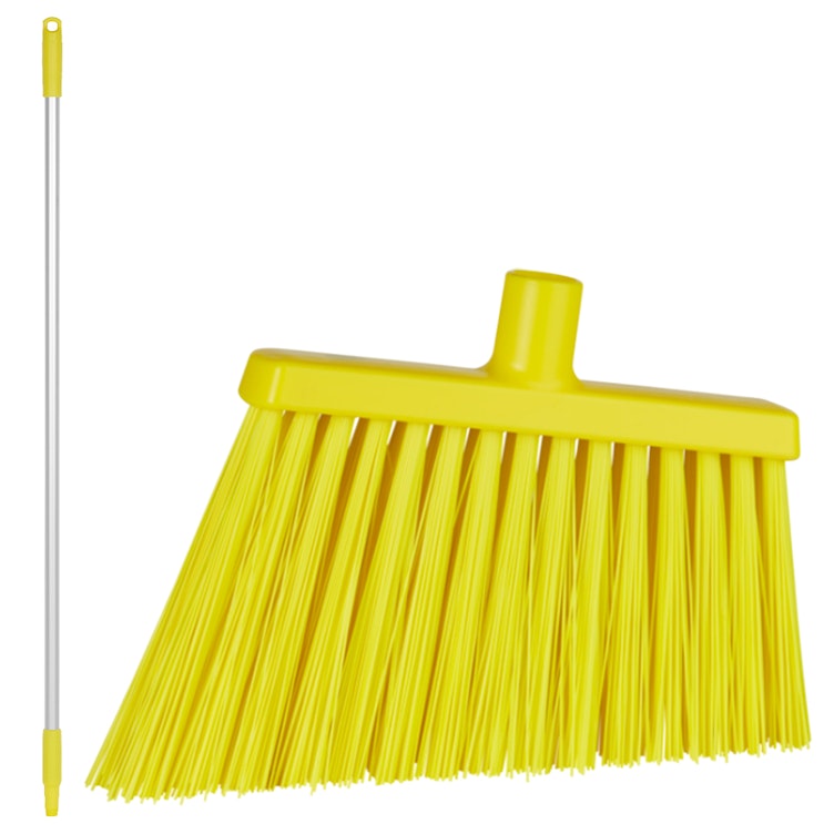 11.4" Yellow Polypropylene Vikan® Angle Cut Broom with Stiff Bristles & 49.6" Aluminum Handle with Yellow Tip & Cap