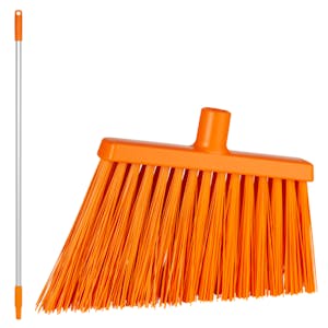 11.4" Orange Polypropylene Vikan® Angle Cut Broom with Stiff Bristles & 49.6" Aluminum Handle with Orange Tip & Cap