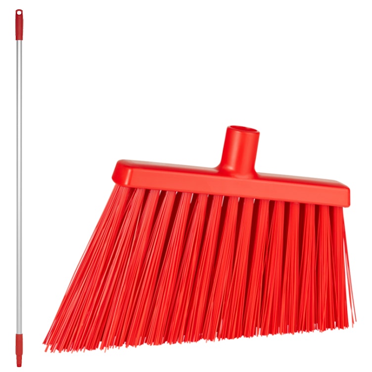 11.4" Red Polypropylene Vikan® Angle Cut Broom with Stiff Bristles & 57.5" Aluminum Handle with Red Tip & Cap