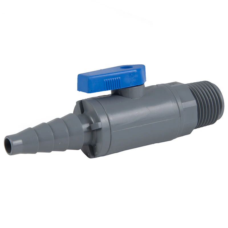 3/8" to 5/8" Tapered Barb x 1/2" MNPT Gray PVC Series 638 Straight Two-Way Ball Valve with Buna-N Seal