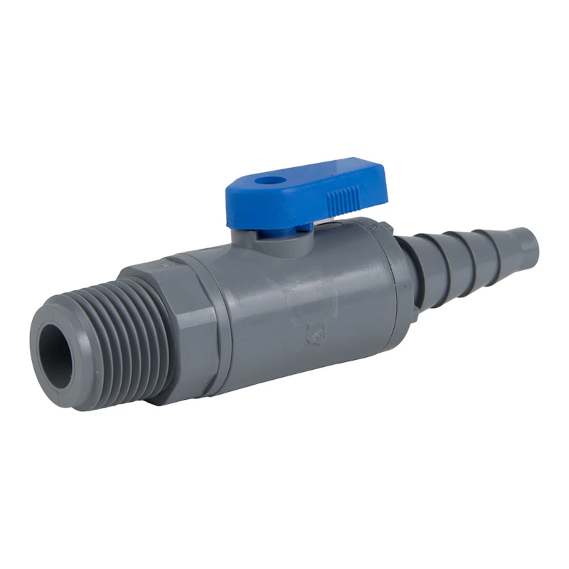3/8" to 5/8" Tapered Barb x 1/2" MNPT Gray PVC Series 638 Straight Two-Way Ball Valve with Buna-N Seal