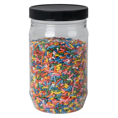 16 oz. Clear PET Round Jar with Label Panel & 70/400 Black Ribbed Cap with F217 Liner