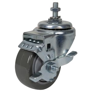 Gray Polyurethane Swivel Caster with 3" OD x 1-1/4" W Wheel w/Brake & 1" Long 3/8"-16 Threaded Stem