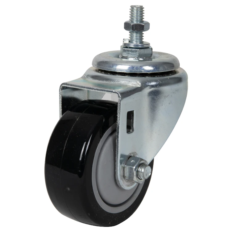 Black Polyurethane Swivel Caster with 3" OD x 1-1/4" W Wheel & 1" Long 3/8"-16 Threaded Stem