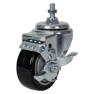 Black Polyurethane Swivel Caster with 3" OD x 1-1/4" W Wheel w/Brake & 1" Long 3/8"-16 Threaded Stem