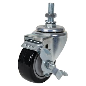 Black Polyurethane Swivel Caster with 3" OD x 1-1/4" W Wheel w/Brake & 1-1/2" Long 1/2"-13 Threaded Stem